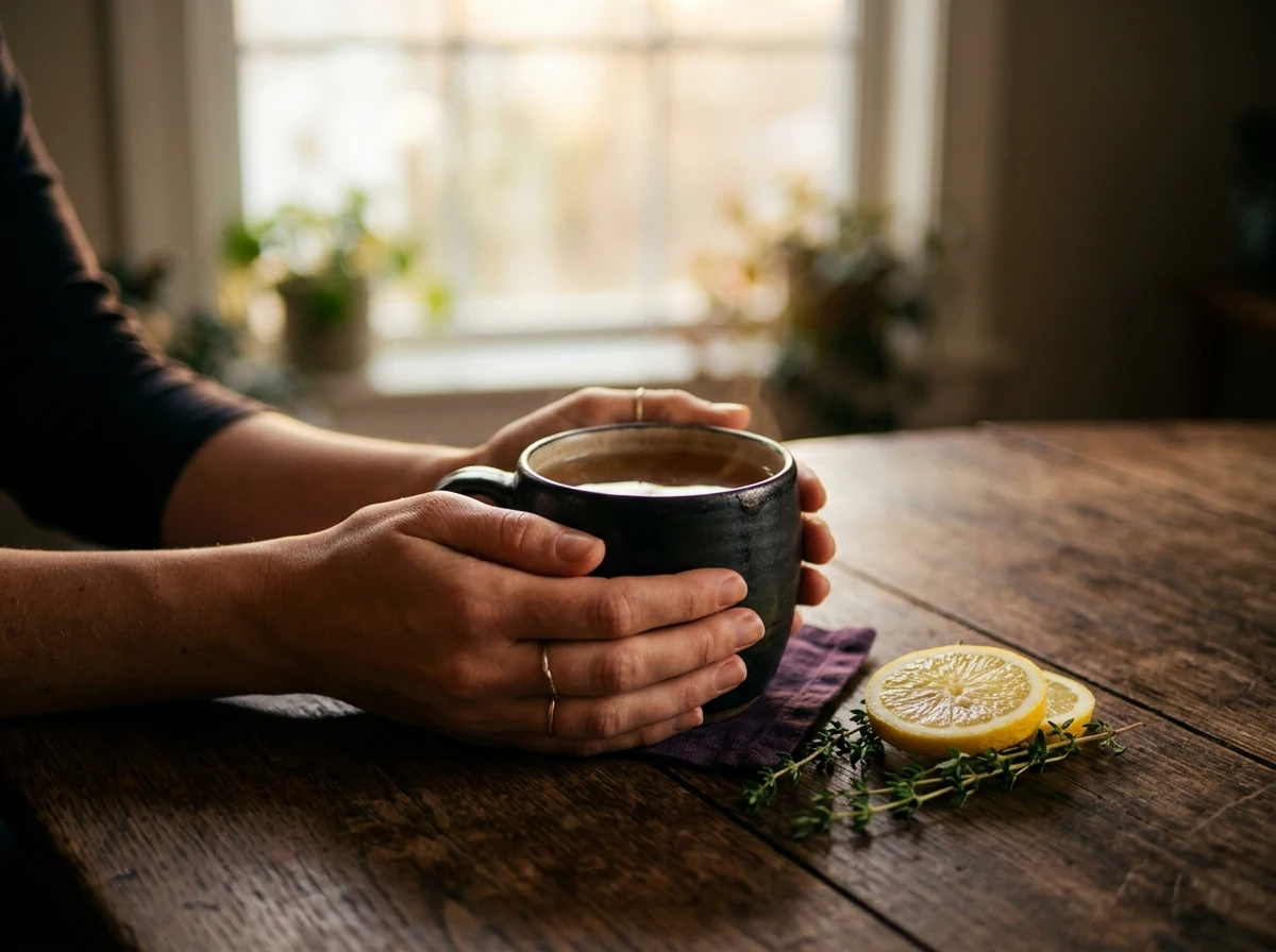 Hands holding a warm morning plant extract wellness supplement drink - best morning wellness supplement